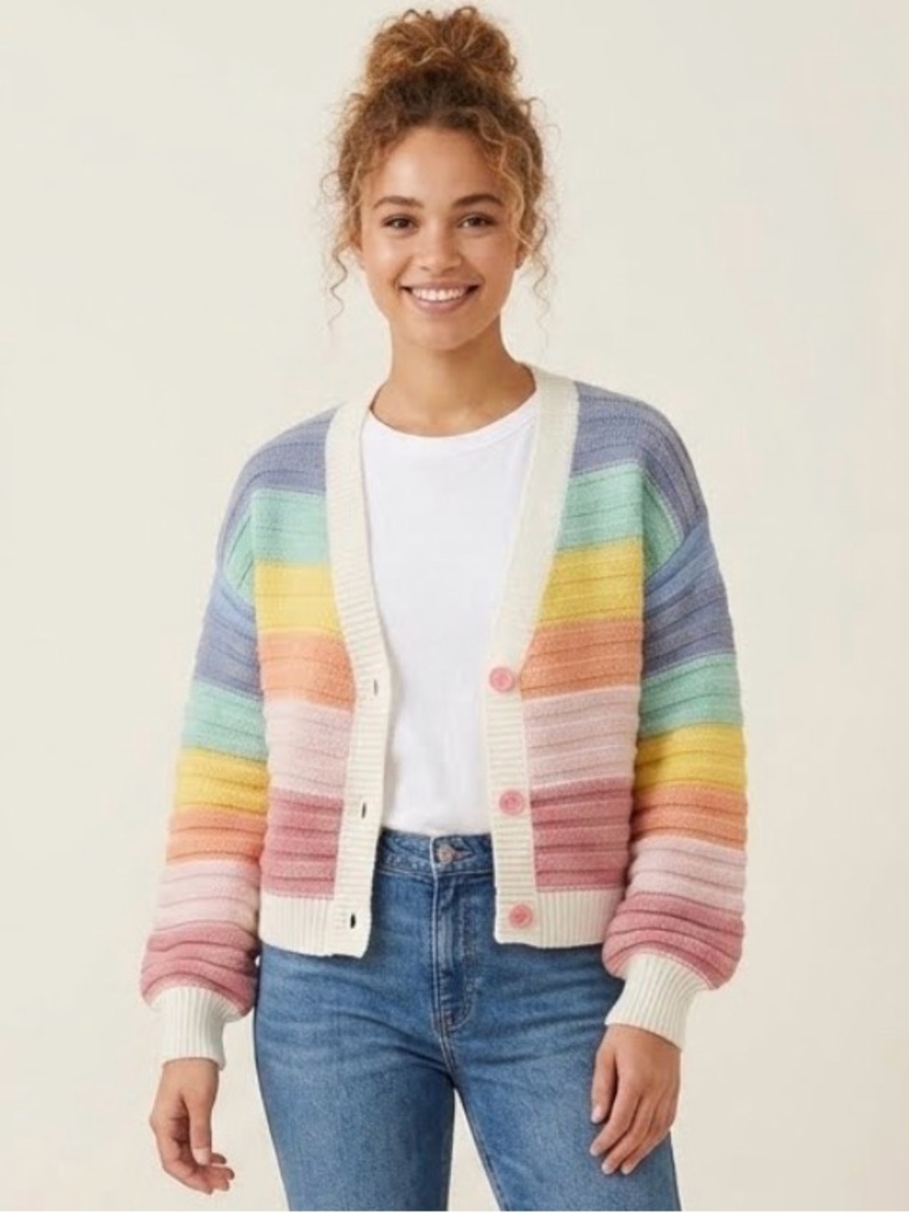 Women’s Rainbow Stripe Knit Cardigan Sweater - Multicolor Size L